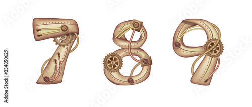 Arabic numeral 7 8 9 in the form of a steampunk mechanism. Copper and brass with tubes, gears and rivets. Freely editable isolated on white background.