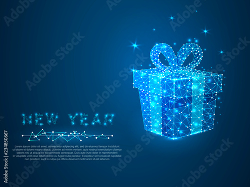 New Year gift with polygon line on abstract background. Polygonal space low poly with connecting dots and lines. Holiday wireframe concept. Connection structure. Vector science background
