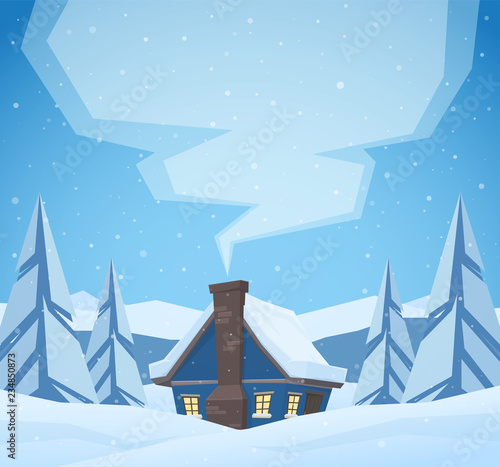 Cartoon cute house with smoke from chimney on Winter christmas landscape background.