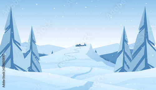 Winter snowy mountains christmas landscape with path to cartoon house