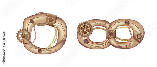 Arabic numeral 0 and infinity sign in the form of a steampunk mechanism. Copper and brass with tubes, gears and rivets. Freely editable isolated on white background.