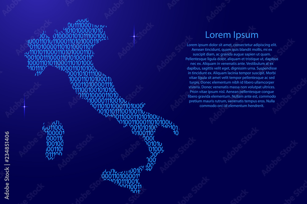 Italy map abstract schematic from blue ones and zeros binary digital code with space stars for banner, poster, greeting card. Vector illustration.