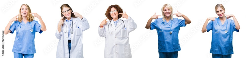 Collage of group of professional doctor women over white isolated background smiling confident showing and pointing with fingers teeth and mouth. Health concept. Collage of group of professional doctor women over white isolated background smiling confident showing and pointing with fingers teeth and mouth. Health concept.