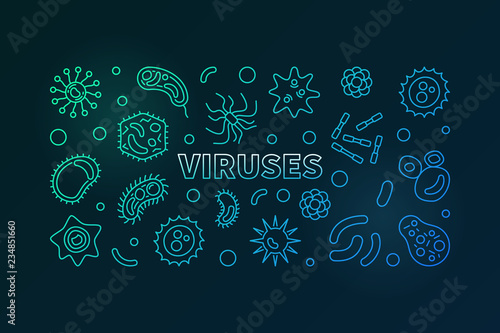 Viruses colored horizontal banner. Vector concept virus or pathogen bright illustration in thin line style on dark background
