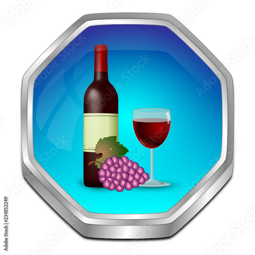 Button with wine bottle, a glass of wine and Grapes - 3D illustration