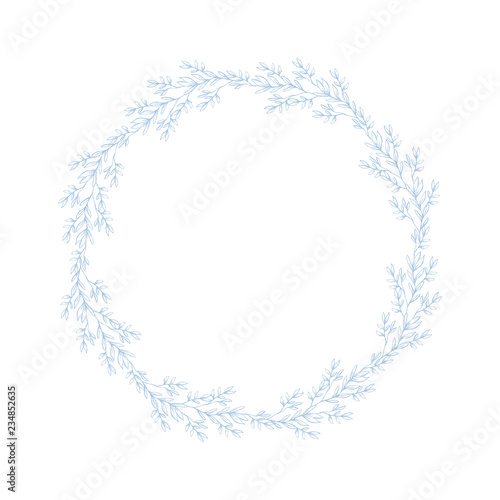 Lovely Hand Drawn Light Blue Twigs, Branches Round Shape Vector Garland. White Background. Retro Style. Delicate Blue Sketched Floral Wreath.Frame Made of Flowers Isolated on White.