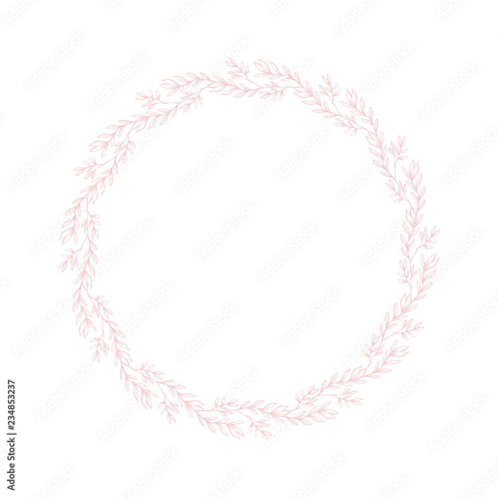 Lovely Hand Drawn Pink Twigs, Branches Round Shape Vector Garland. White Background. Retro Style. Delicate Pink Sketched Floral Wreath. Frame Made of Flowers Isolated on White.