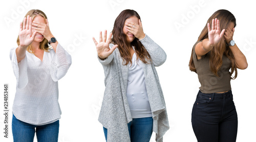 Collage of group of three young beautiful women over white isolated background covering eyes with hands and doing stop gesture with sad and fear expression. Embarrassed and negative concept.