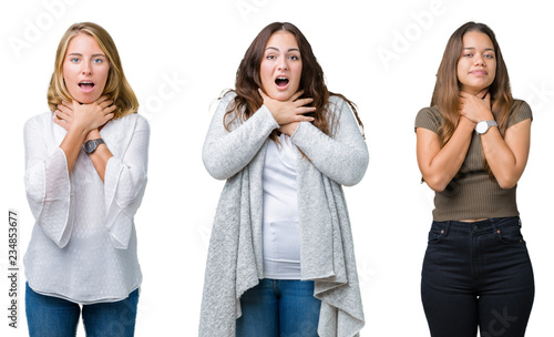 Collage of group of three young beautiful women over white isolated background shouting and suffocate because painful strangle. Health problem. Asphyxiate and suicide concept.