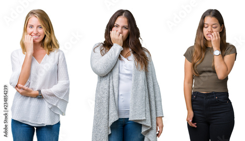 Collage of group of three young beautiful women over white isolated background looking stressed and nervous with hands on mouth biting nails. Anxiety problem.