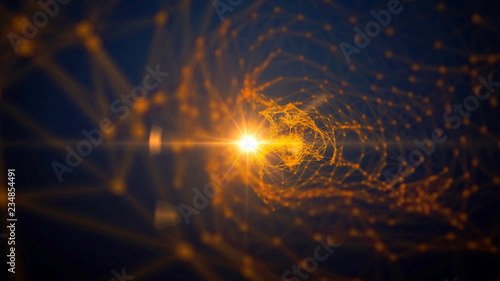Golden wire net abstract cinematic background lens flare. Sun in web