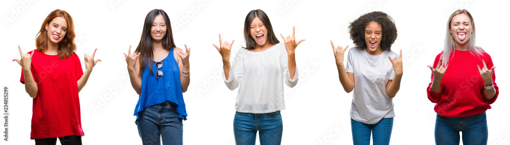 Collage of group of beautiful Chinese, asian, african american, caucasian women over isolated background shouting with crazy expression doing rock symbol with hands up. Music star. Heavy concept. Collage of group of beautiful Chinese, asian, african american, caucasian women over isolated background shouting with crazy expression doing rock symbol with hands up. Music star. Heavy concept.