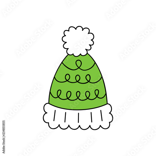 Cute bobble hat vector outlined illustration icon. Winter, christmas, seasonal, knitted green hat with white pompom, bobble.