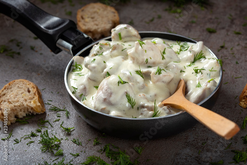 Stew made from fired chicken and sour cream
