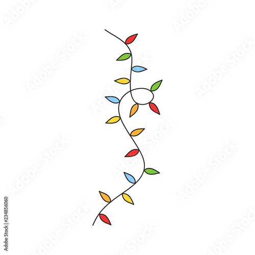 Christmas lights on string vector outlined illustration. Xmas, festive, seasonal, traditional colorful lights on string, isolated. 