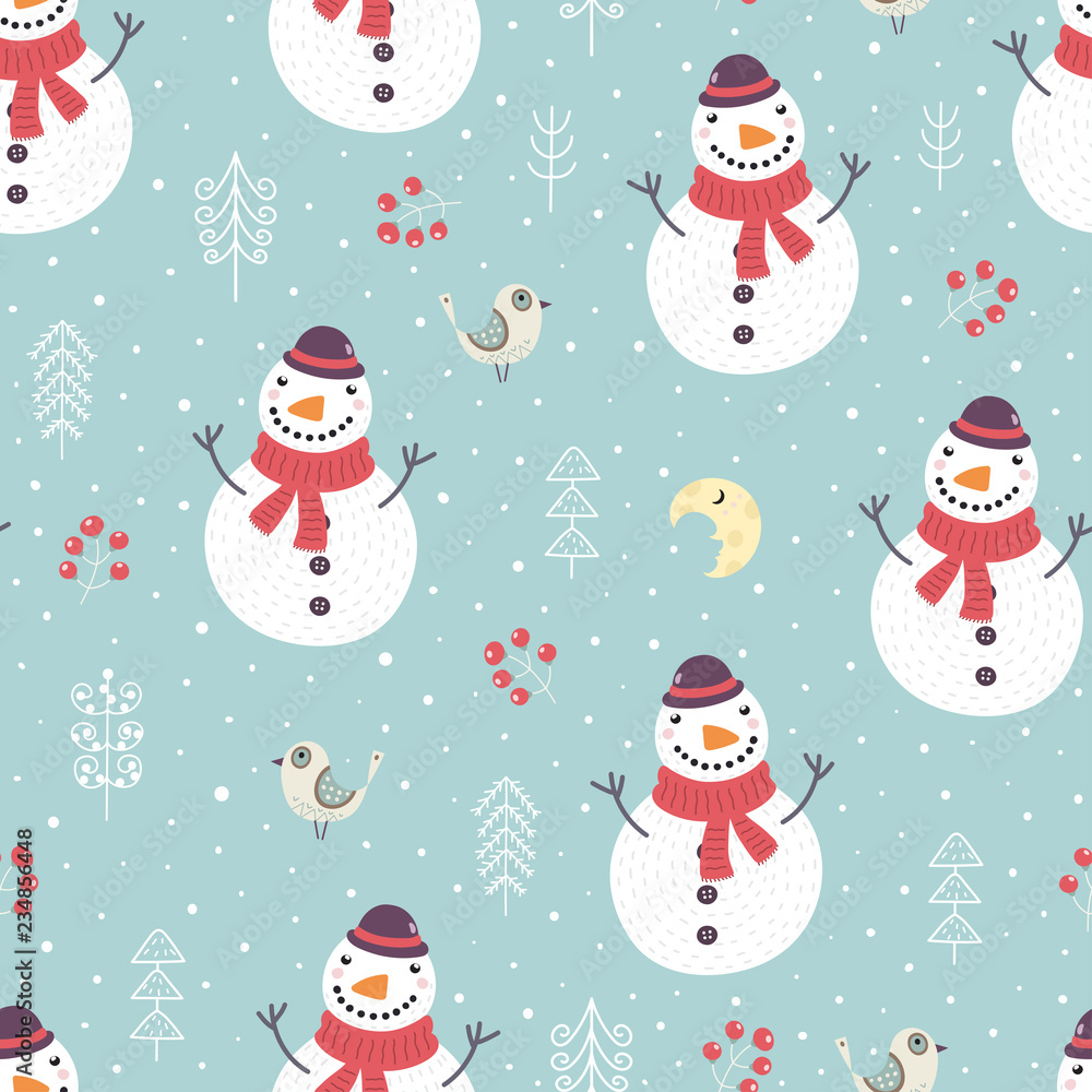 Christmas seamless pattern with cute snowman  trees and snowflakes. New year background. Vector illustration