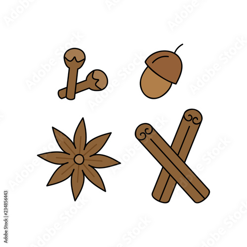 Spice, seasoning vector outlined illustration icon set. Autumn, winter, christmas, holiday, seasonal seasoning collection, different spices. Cinnamon sticks, star anise, cloves and nut. 