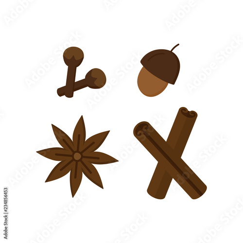 Spice, seasoning vector illustration icon set. Autumn, winter, christmas, holiday, seasonal seasoning collection, different spices. Cinnamon sticks, star anise, cloves and nut. 