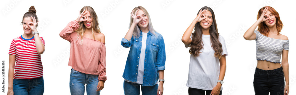 Collage of young beautiful grop of women over isolated background doing ok gesture with hand smiling, eye looking through fingers with happy face. Collage of young beautiful grop of women over isolated background doing ok gesture with hand smiling, eye looking through fingers with happy face.