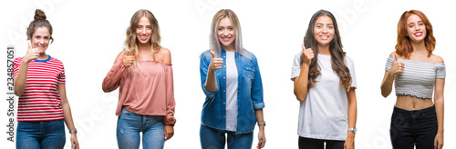 Collage of young beautiful grop of women over isolated background doing happy thumbs up gesture with hand. Approving expression looking at the camera with showing success.