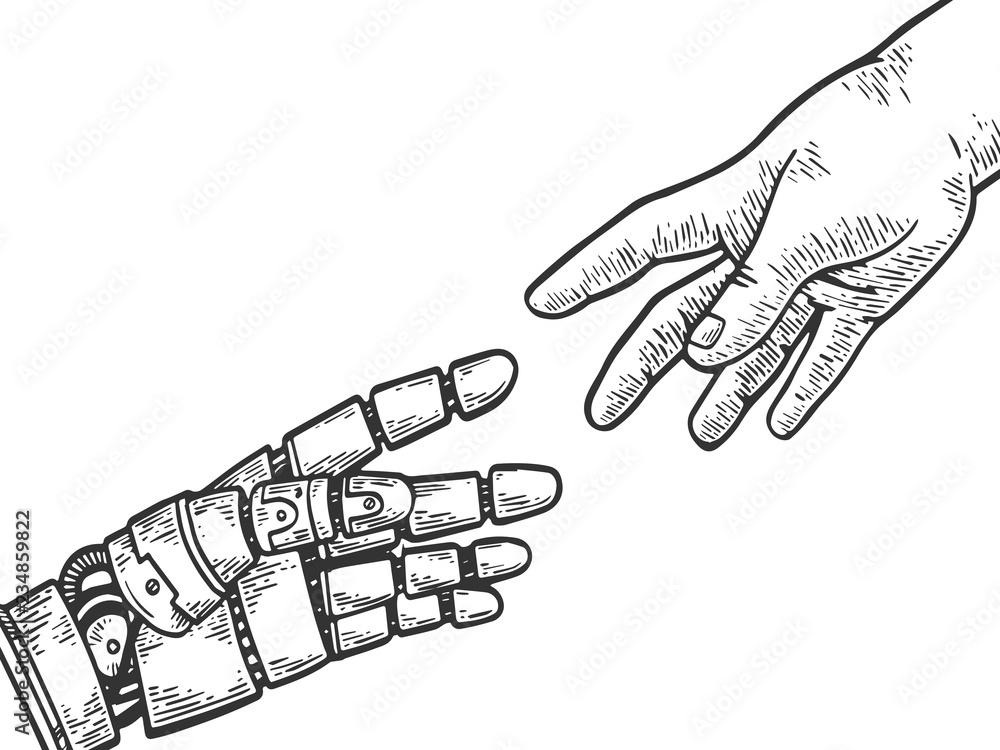 Mechanical robot hand and human reach each other engraving vector ...