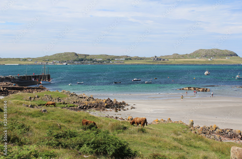 View from Fionnphort on the Isle of Mull, across the bay to the Isle of Iona. On a beautiful sunny summers day.