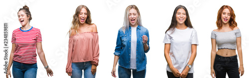 Collage of young beautiful grop of women over isolated background winking looking at the camera with sexy expression, cheerful and happy face.