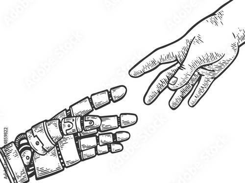 Mechanical robot hand and human reach each other engraving vector illustration. Scratch board style imitation. Black and white hand drawn image.