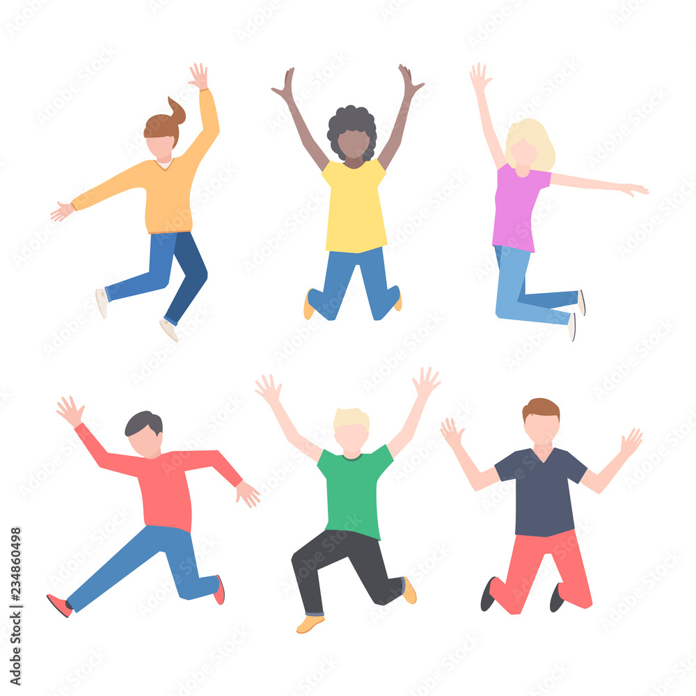 International young joyful people jumping with their hands up. Happypositive guys and girls are happy. Vector illustration in flat cartoon style isolated on white background. International young joyful people jumping with their hands up. Happypositive guys and girls are happy. Vector illustration in flat cartoon style isolated on white background.