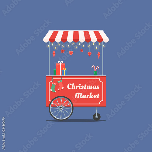 Festive decorated trolley with garland, toys and socks, sweets and gifts. Christmas market symbol. Christmas and new year Vector illustration