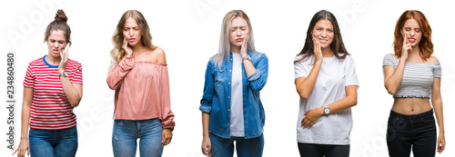Collage of young beautiful grop of women over isolated background touching mouth with hand with painful expression because of toothache or dental illness on teeth. Dentist concept.