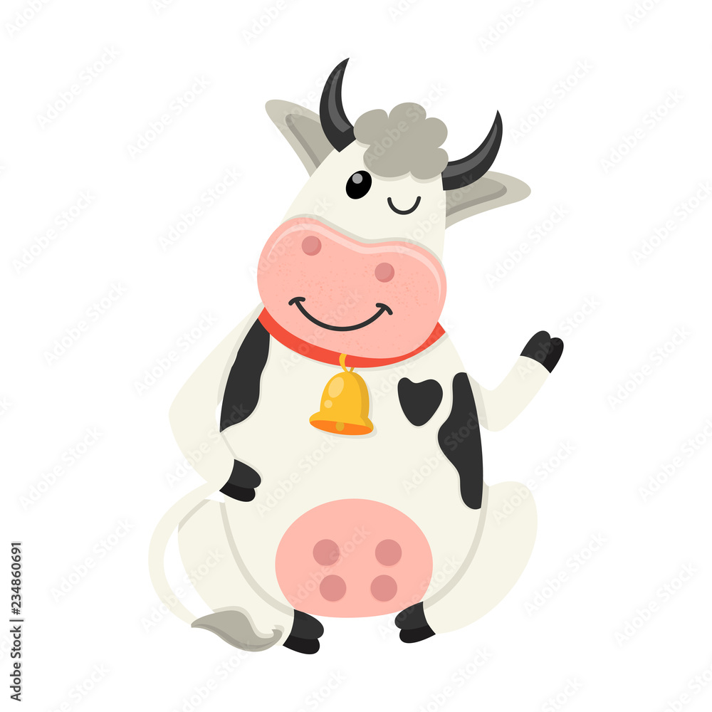 Cute cow sits and waves her hand. Set of cute Cows character in various poses
