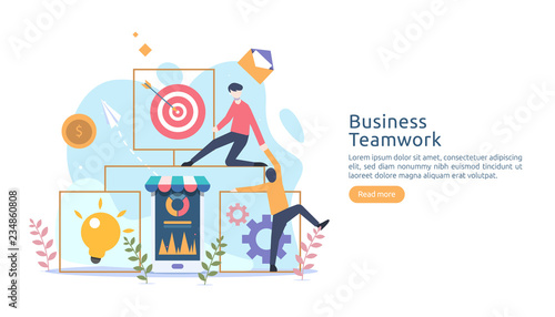 teamwork business brainstorming Idea concept with big yellow light bulb lamp, tiny people character. creative innovation solution. template for web landing page, banner, presentation, social media.