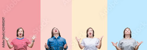 Collage of down syndrome woman over colorful stripes isolated background crazy and mad shouting and yelling with aggressive expression and arms raised. Frustration concept.