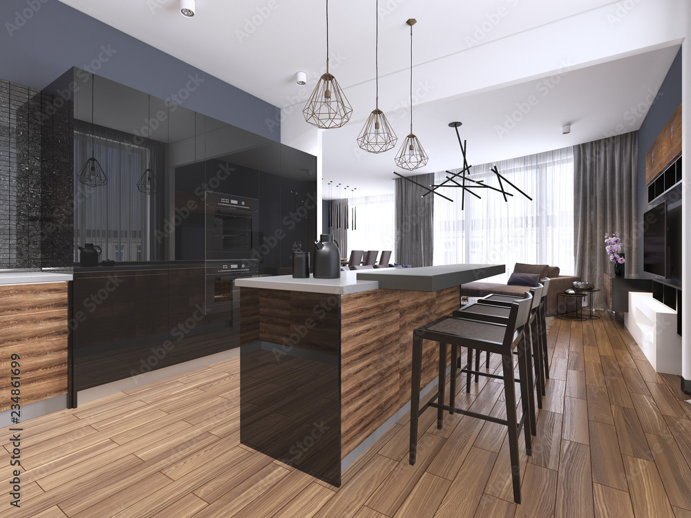 Modern kitchen with wood and gloss black kitchen cabinets, kitchen ...
