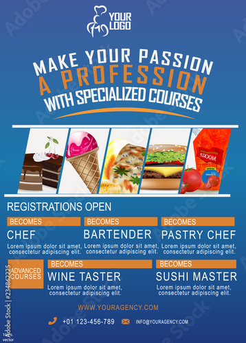 Creative chef or cooking specialized courses workshops online classes design. Cooking or Cuisine Flyer or poster design. Abstract isolated vector illustration with set of 5 REALISTIC food icons.