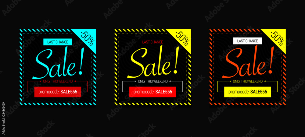 3 cool banner for social network. Sale. Only this weekend. The last chance. With a striped frame. Black, red, pink. Vector