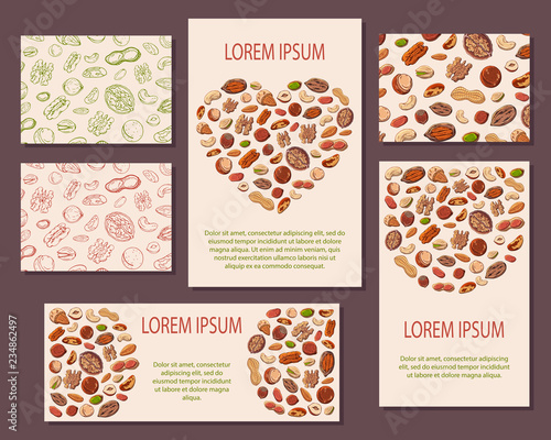 Vector colorful illustrations on the nutrition theme: mix of different kinds of nuts. Template for advertising products. Cards for your design.