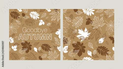 Autumn set of seamless pattern and card. Fall of hand drawn leaves. Vector illustration.