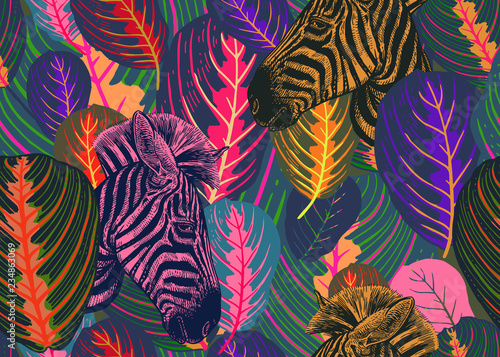 Tropical leaves and animals zebras. Seamless pattern.