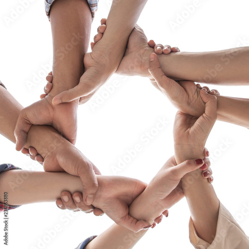 under view friendship People partnership teamwork crossed hands finishing up meeting show unity on white background , Business partner  teamwork concept