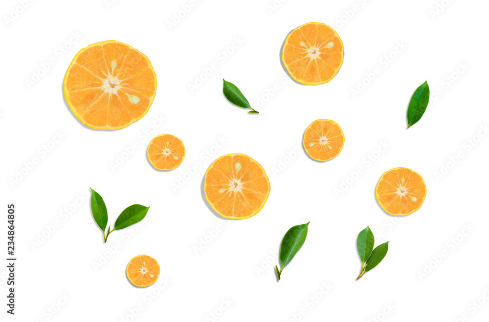 Top view Orange fruit slice and green leaf isolated on white background . Top view Orange fruit slice and green leaf isolated on white background .