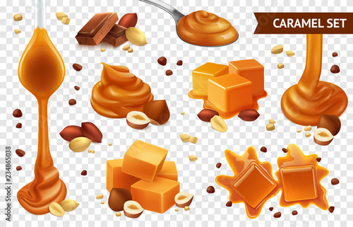Realistic Caramel Chocolate Nut Icon Set