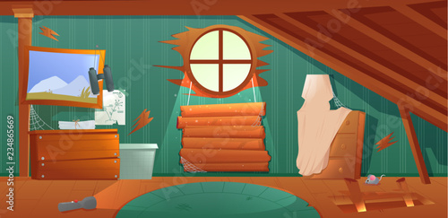The interior of the attic. An old forgotten room with boxes on the roof. Lamp and pictures and stairs to the top.