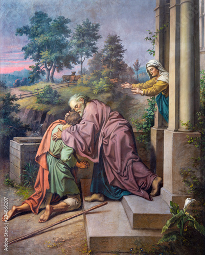 Konstfotografi PRAGUE, CZECH REPUBLIC - OCTOBER 18, 2018:  The fresco of scene comeback of Prodigal son in the church of St