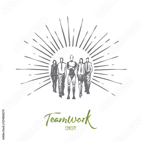 Teamwork, HCI, automation, technology, team concept. Hand drawn isolated vector.