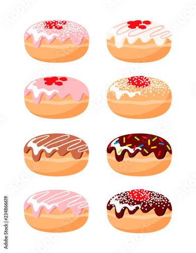 Vector flat design of donuts for Happy Hanukkah for greeting card/poster/banner template. Traditional Hanukkah dish - tasty sufganiyot for a festive family dinner.