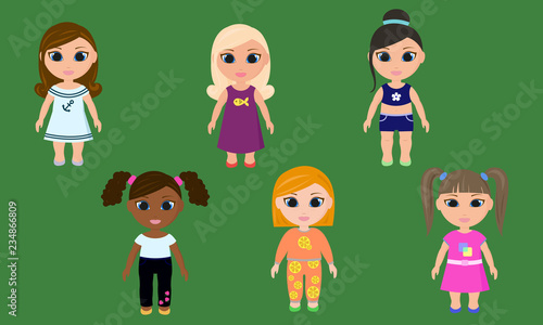 Girls of different nationalities Dolls vector Children's illustration.