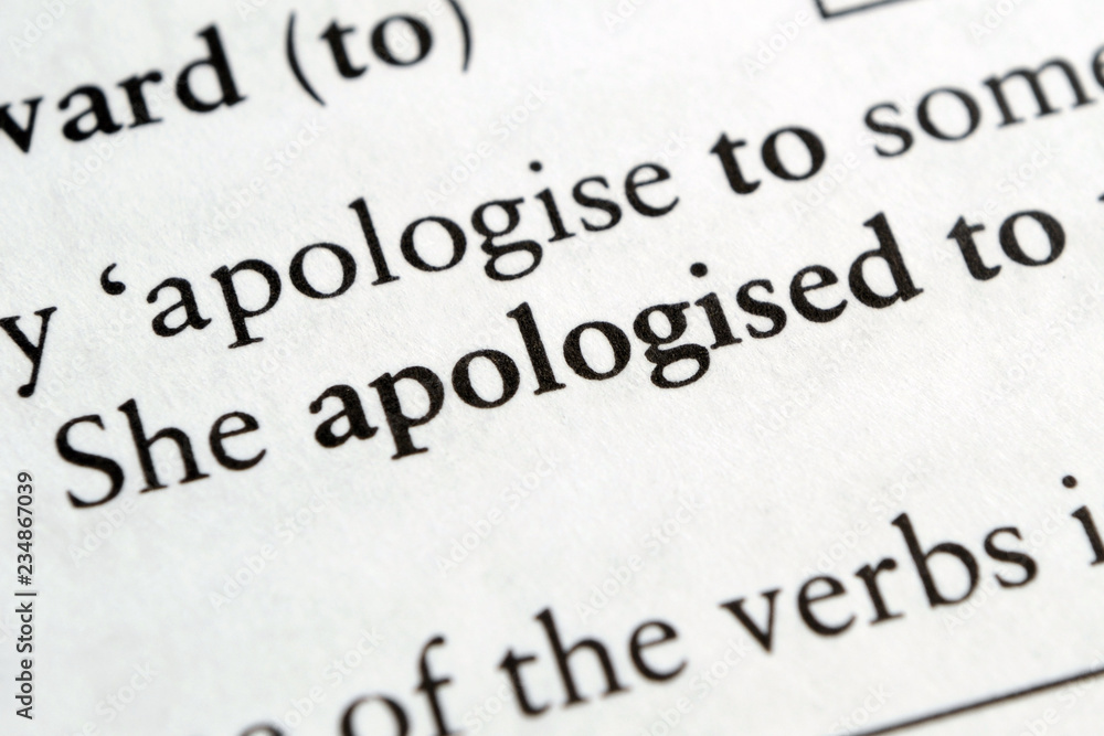 Apologised phrase in English textbook Selective focus Apologised phrase in English textbook Selective focus