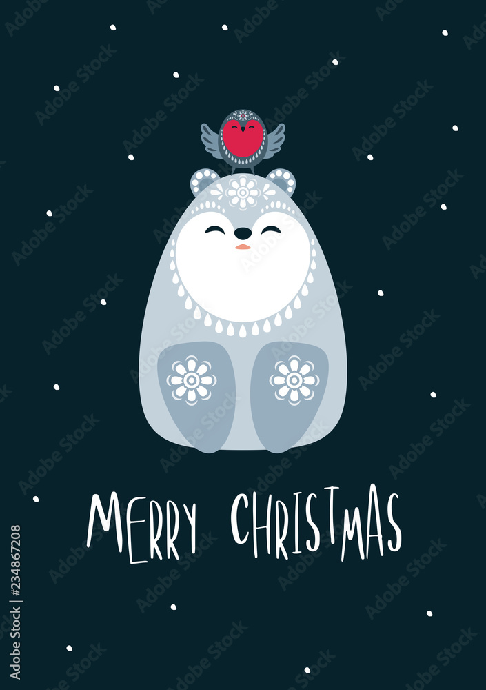 Christmas greeting card with cute polar bear. Vector background.